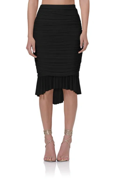 Afrm Ronica Ruched Mesh High-low Skirt In Noir