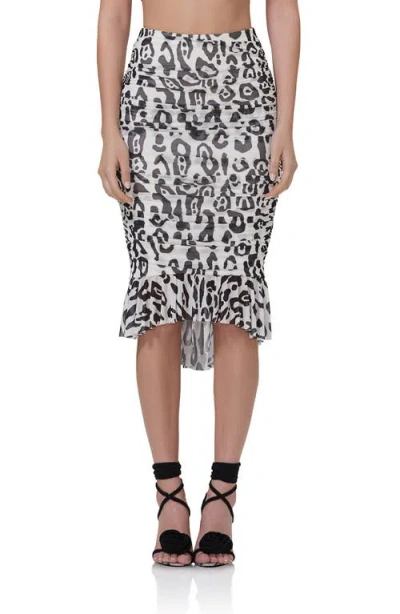 Afrm Ronica Ruched Mesh High-low Skirt In Stark Leopard