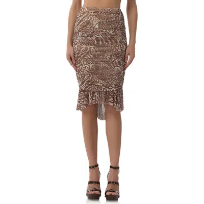 Afrm Ronica Ruched Mesh High-low Skirt In Taupe Animal