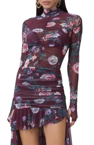 Afrm Rubi Ruched Sheer Mesh Top In Burgundy