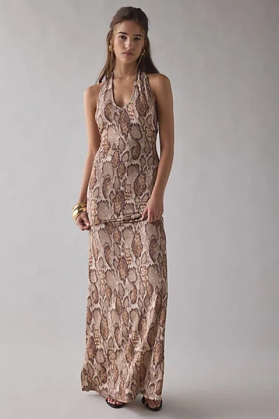 Afrm Rue Snake Printed Mesh Plunging Halter Maxi Dress In Snake Print, Women's At Urban Outfitters In Animal Print