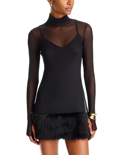 Afrm Saige Faux Fur Trim Mesh Mini Dress In Black