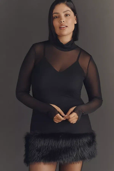 Afrm Saige Plus Mesh Faux-fur Mini Dress In Black