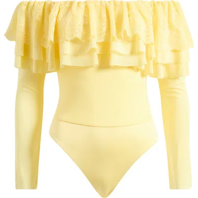Afrm Saylor Ruffle Detail Off The Shoulder Bodysuit In Buttercup