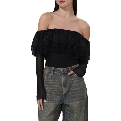 Afrm Saylor Ruffle Detail Off The Shoulder Bodysuit In Noir