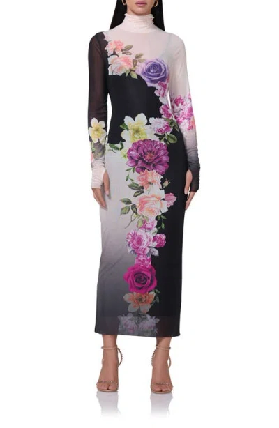 Afrm Shailene Long Sleeve Turtleneck Mesh Dress In Colorblock Floral