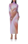 Afrm Shailene Long Sleeve Turtleneck Mesh Dress In Lilac Watercolor