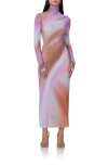 Afrm Shailene Long Sleeve Turtleneck Mesh Dress In Lilac Watercolor
