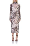 Afrm Shailene Long Sleeve Turtleneck Mesh Dress In Warm Beige/black Leopard