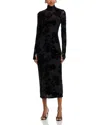 Afrm Shailene Flocked Long Sleeve Mesh Midi Dress In Black
