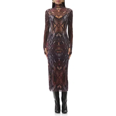 Afrm Shailene Print Long Sleeve Powermesh Body-con Midi Dress In Brown