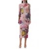 Afrm Shailene Print Long Sleeve Powermesh Body-con Midi Dress In Pink