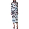 Afrm Shailene Print Long Sleeve Powermesh Midi Dress