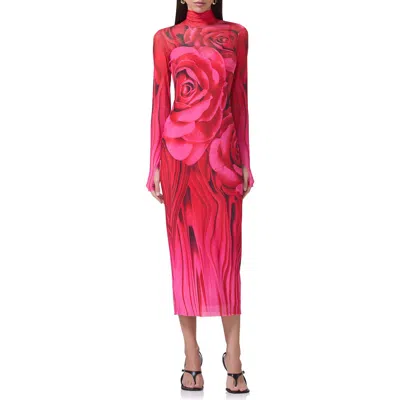 Afrm Shailene Print Long Sleeve Powermesh Midi Dress In Organic Rose