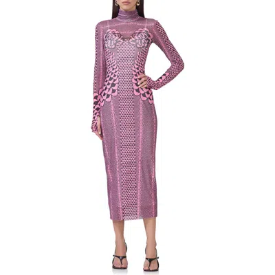 Afrm Shailene Print Long Sleeve Powermesh Midi Dress In Pink Petal