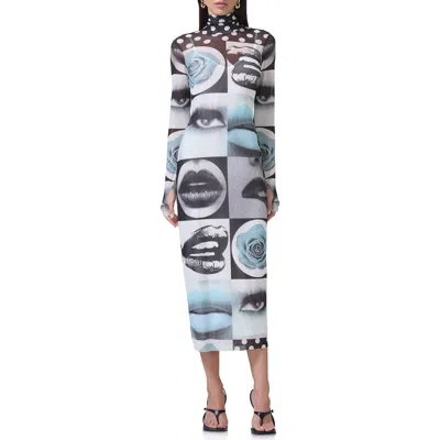Afrm Shailene Print Long Sleeve Powermesh Midi Dress In Pop Art Abstract
