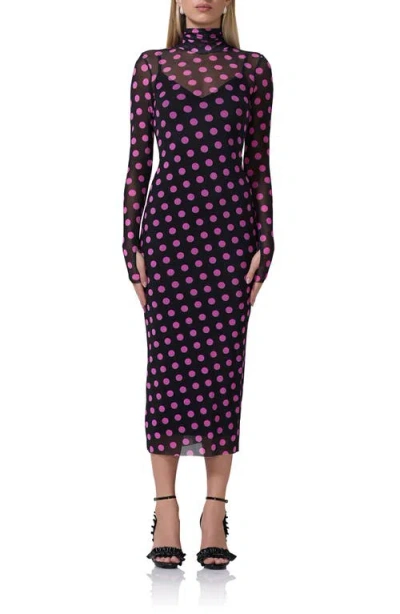 Afrm Shailene Turtleneck Long Sleeve Mesh Dress In Cosmo Dot