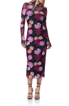 Afrm Shailene Turtleneck Long Sleeve Mesh Dress In Midnight Rose