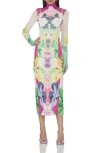 Afrm Shailene Turtleneck Long Sleeve Mesh Dress In Mirror Tropical