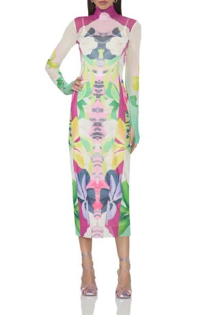Afrm Shailene Turtleneck Long Sleeve Mesh Dress In Mirror Tropical