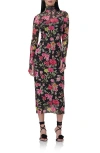 Afrm Shailene Turtleneck Long Sleeve Mesh Dress In Wallpaper Rose