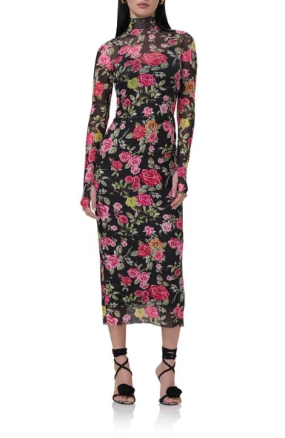 Afrm Shailene Turtleneck Long Sleeve Mesh Dress In Wallpaper Rose