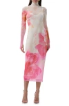 Afrm Shailene Turtleneck Long Sleeve Mesh Midi Dress In Cloud Floral
