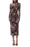 Afrm Shailene Turtleneck Long Sleeve Mesh Midi Dress In Dusted Floral