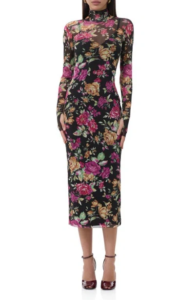 Afrm Shailene Turtleneck Long Sleeve Mesh Midi Dress In Dusted Floral