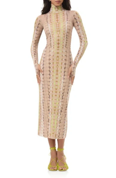 Afrm Shailene Turtleneck Long Sleeve Mesh Midi Dress In Neutral