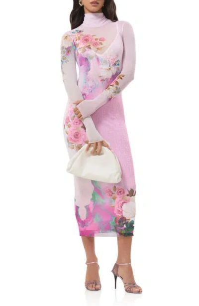 Afrm Shailene Turtleneck Long Sleeve Mesh Midi Dress In Pink