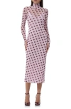 Afrm Shailene Turtleneck Long Sleeve Mesh Midi Dress In Rose Dot