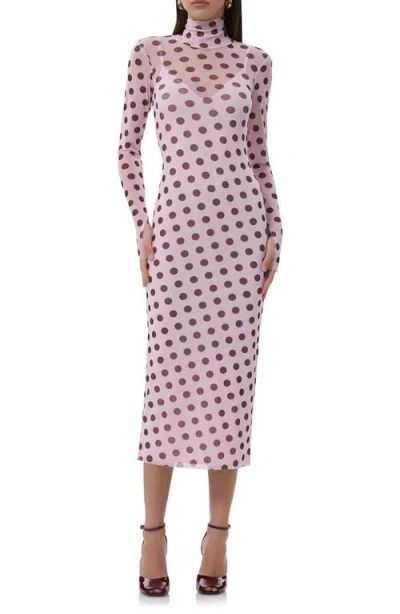 Afrm Shailene Turtleneck Long Sleeve Mesh Midi Dress In Rose Dot