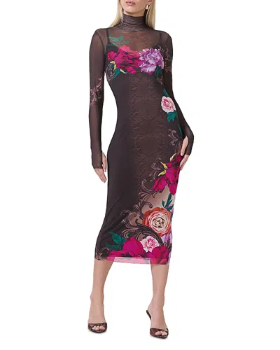 Afrm Shailene Turtleneck Long Sleeved Mesh Dress In Snake Floral