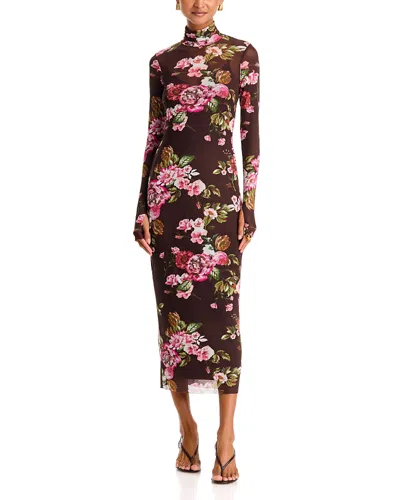 Afrm Shailene Turtleneck Mesh Midi Dress In Brown