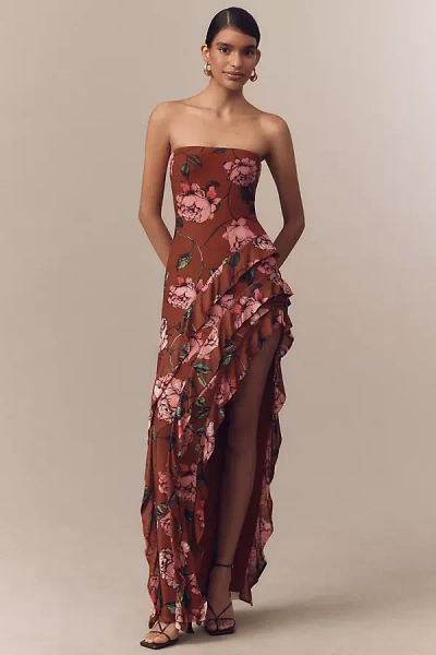 Afrm Siobhan Strapless Mesh Maxi Dress In Gold
