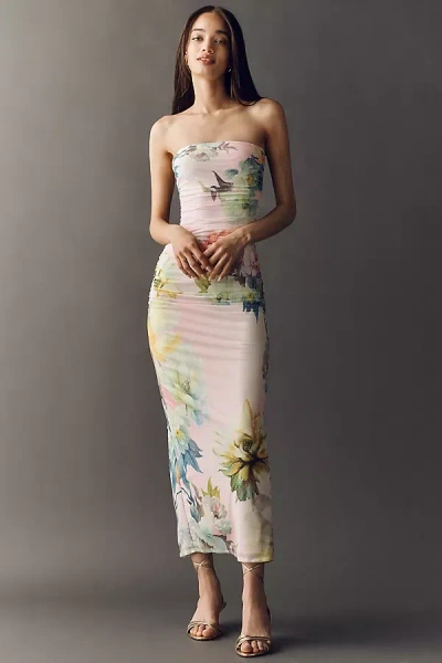 Afrm Strapless Mesh Midi Dress In Brown