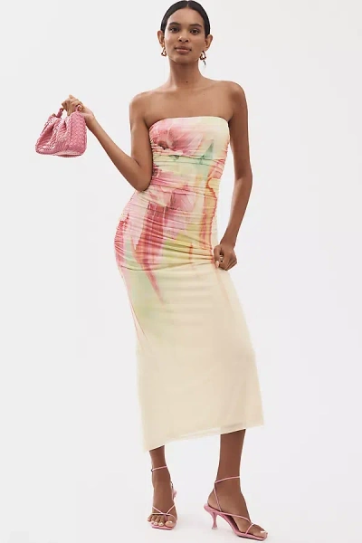 Afrm Strapless Mesh Midi Dress In Yellow