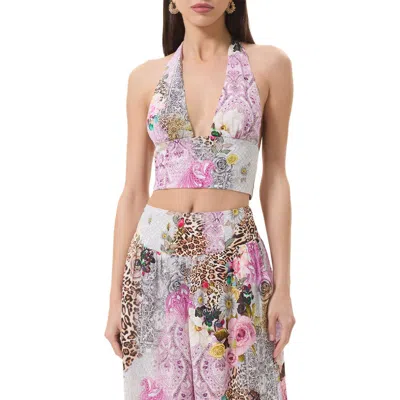 Afrm Sylas Mix Print Plunge Halter Neck Crop Top In Multi