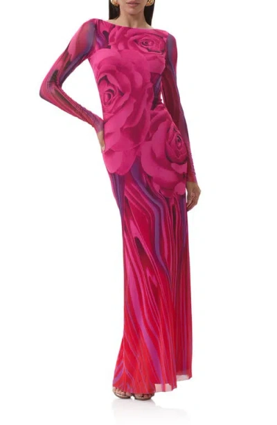 Afrm Talmo Long Sleeve Open Back Mesh Dress In Pink