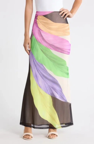 Afrm Tegan Feather Print Maxi Skirt In Multi