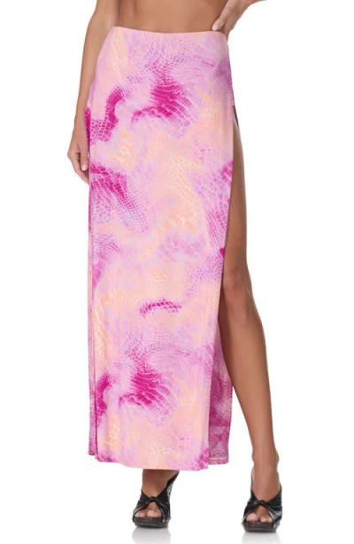 Afrm Tempest Snakeskin Print Side Slit Maxi Skirt In Pink