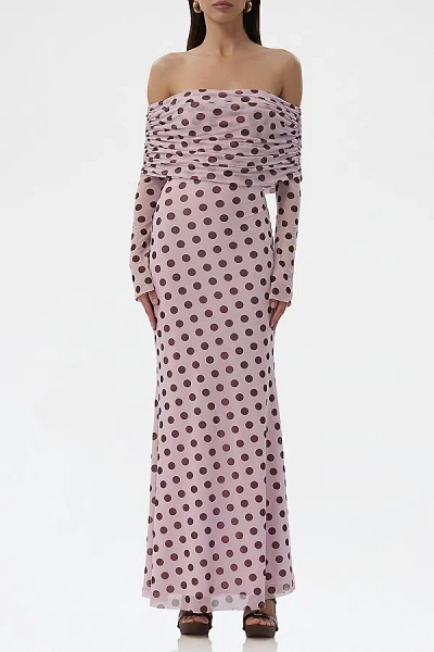 AFRM THELMA MESH OFF-THE-SHOULDER LONG SLEEVE MAXI DRESS IN ROSE DOT, WOMEN'S AT URBAN OUTFITTERS