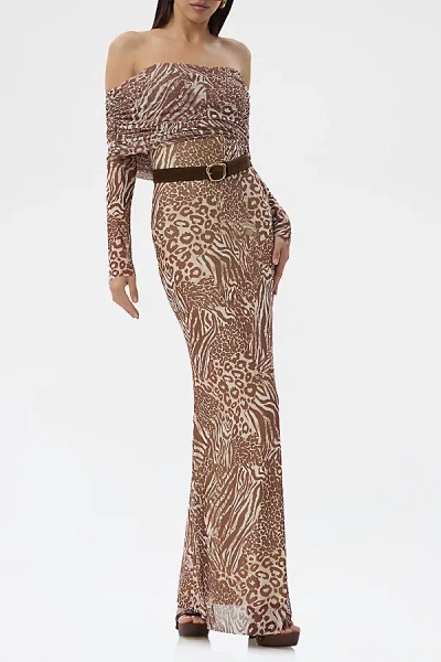 Afrm Thelma Mesh Off-the-shoulder Long Sleeve Maxi Dress In Taupe Animal, Women's At Urban Outfitters In Multi