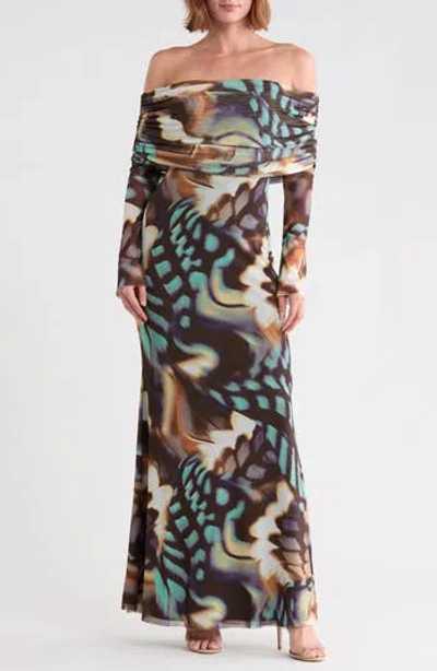 Afrm Thelma Off The Shoulder Long Sleeve Dress In Feather Swirl
