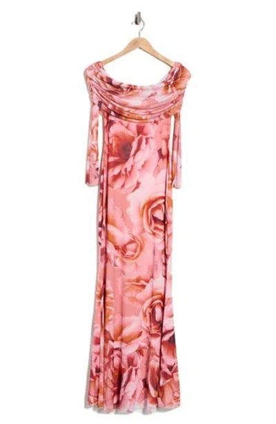 Afrm Thelma Off The Shoulder Long Sleeve Dress In Peach Roses