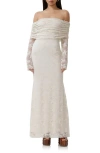 Afrm Thelma Off The Shoulder Long Sleeve Lace Maxi Dress In Birch Lace