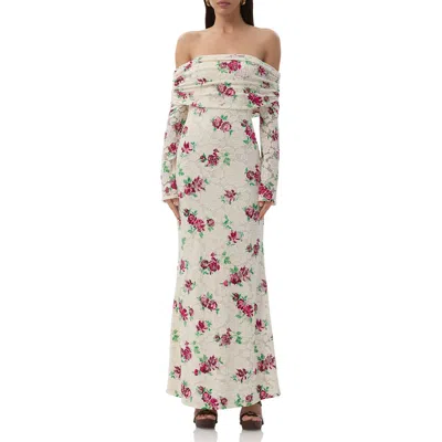 Afrm Thelma Off The Shoulder Long Sleeve Lace Maxi Dress In Multi