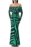 Afrm Thelma Print Off The Shoulder Long Sleeve Mesh Maxi Dress In Green