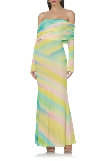 Afrm Thelma Print Off The Shoulder Long Sleeve Mesh Maxi Dress In Multi